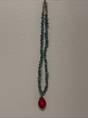 Source Unknown Turquoise-Bead Necklace with Red Teardrop Pendant